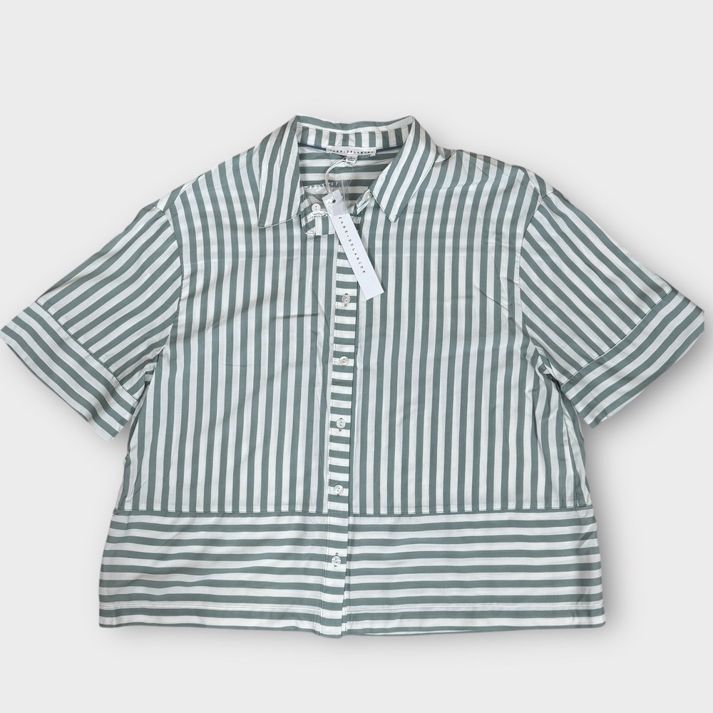 Jane & Delancey Women's Striped Short‎ Sleeve Button Up Shirt Size L Green White